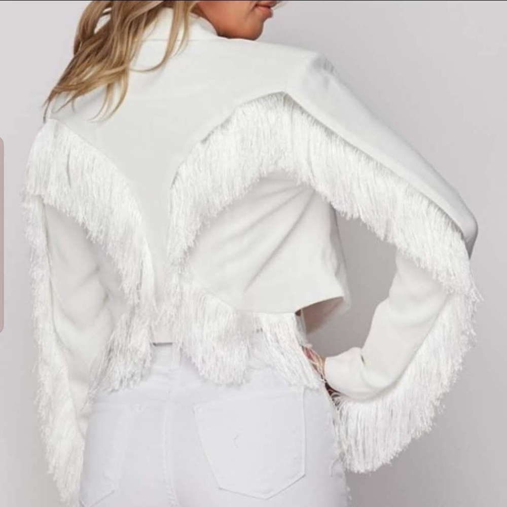 All White Tassled Crop Blazer